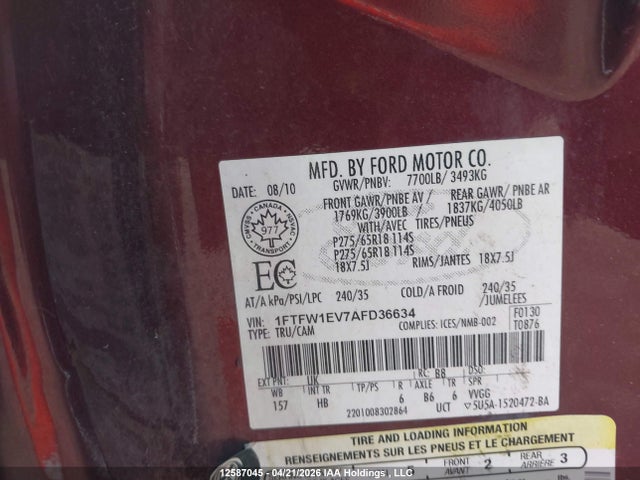 Продажа на аукционе авто 2010 Ford F-150, vin: 1FTFW1EV7AFD36634, номер лота: 12587045