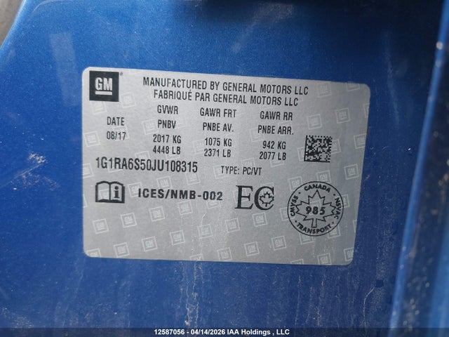 1G1RA6S50JU108315 Chevrolet VOLT LT