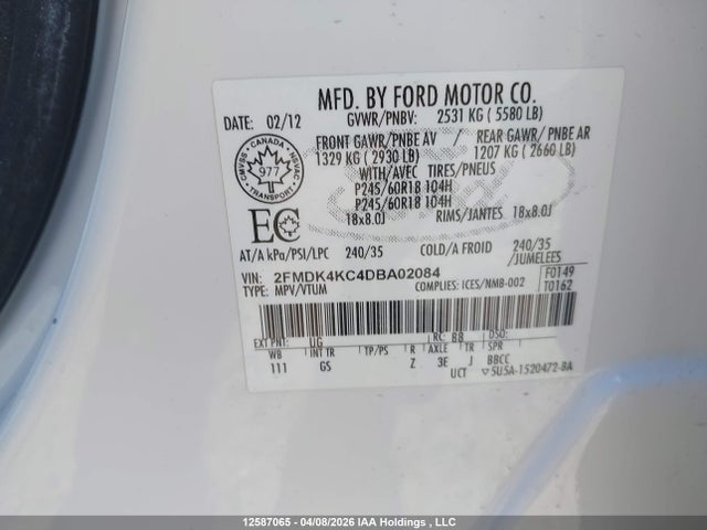 12587065 :رقم المزاد ، 2FMDK4KC4DBA02084 vin ، 2013 Ford Edge Limited مزاد بيع