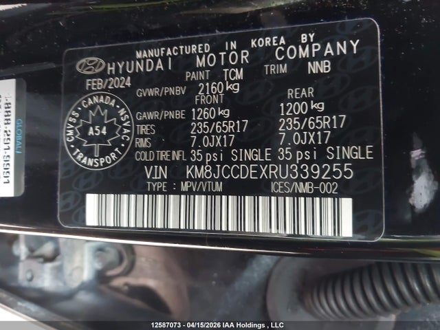 2024 Hyundai Tucson Trend Awd მანქანა იყიდება აუქციონზე, vin: KM8JCCDEXRU339255, აუქციონის ნომერი: 12587073