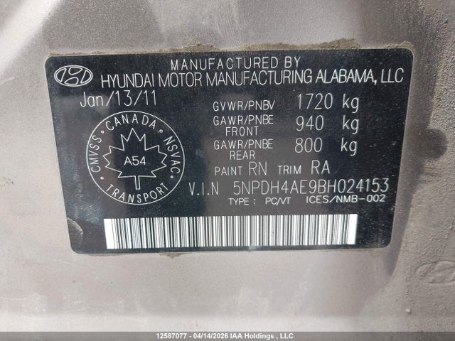 Продажа на аукционе авто 2011 Hyundai Elantra Gls, vin: 5NPDH4AE9BH024153, номер лота: 12587077