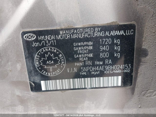 Продажа на аукционе авто 2011 Hyundai Elantra Gls, vin: 5NPDH4AE9BH024153, номер лота: 12587077