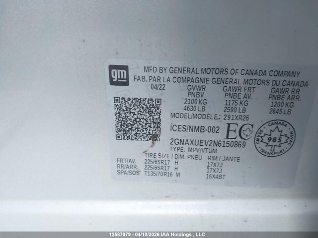 2022 Chevrolet Equinox Lt მანქანა იყიდება აუქციონზე, vin: 2GNAXUEV2N6150869, აუქციონის ნომერი: 12587079