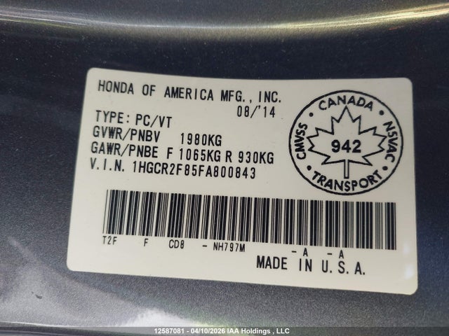 1HGCR2F85FA800843 Honda Accord Ex-l