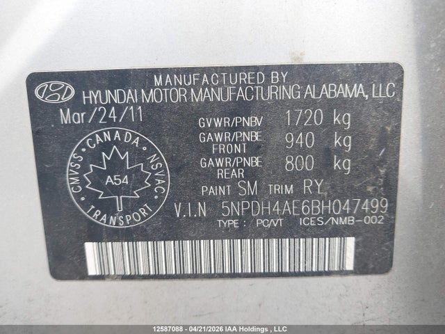 12587088 :رقم المزاد ، 5NPDH4AE6BH047499 vin ، 2011 Hyundai Elantra Gls/limited مزاد بيع