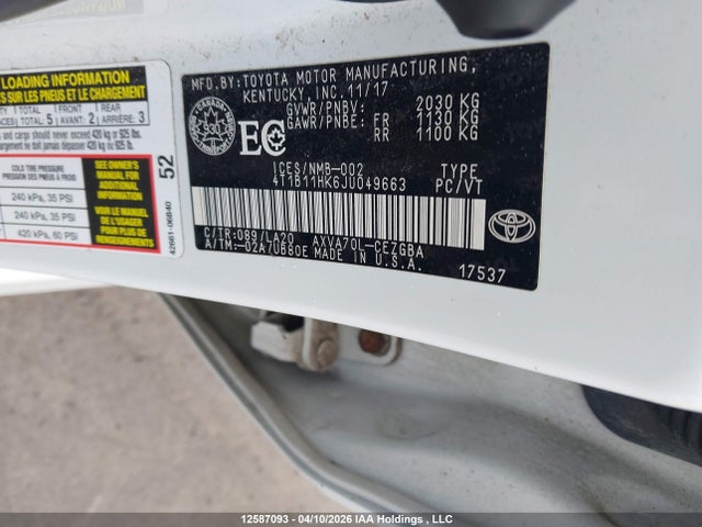 4T1B11HK6JU049663 Toyota CAMRY XLE