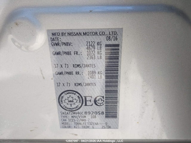 5N1AT2MV4GC892058 Nissan Rogue S/sl/sv
