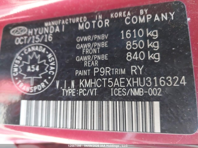 KMHCT5AEXHU316324 Hyundai Accent