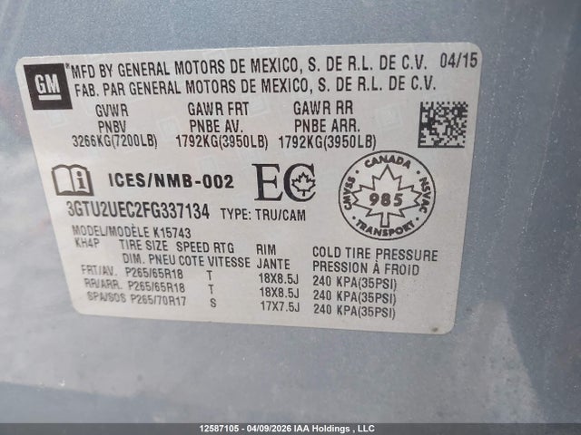 3GTU2UEC2FG337134 GMC Sierra 1500 Sle