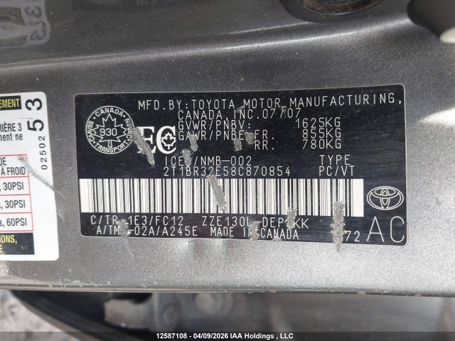 12587108 :رقم المزاد ، 2T1BR32E58C870854 vin ، 2008 Toyota Corolla Ce/le/s مزاد بيع