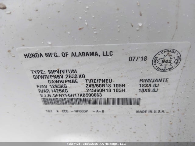 5FNYF6H17KB500663 Honda PILOT LX