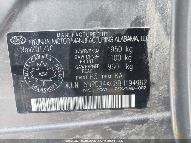 Aukcja sprzedaży 2011 Hyundai Sonata Gls, vin: 5NPEB4AC8BH194962, numer aukcji: 12554083