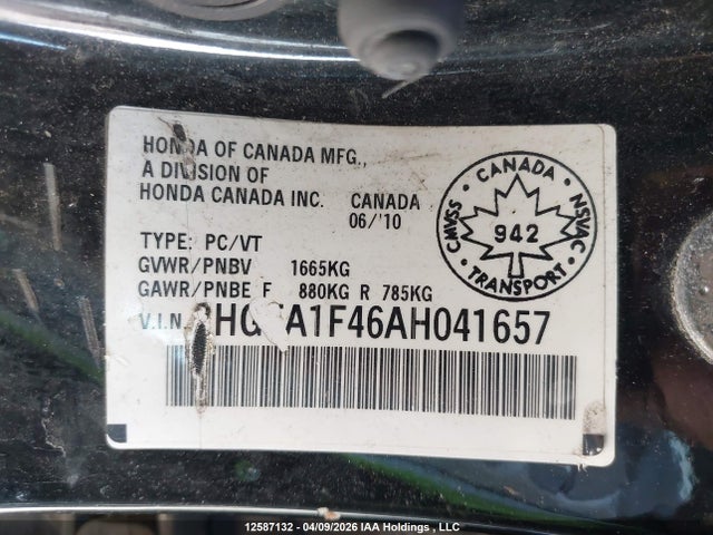 Продаж на аукціоні авто 2010 Honda Civic, vin: 2HGFA1F46AH041657, номер лоту: 12587132