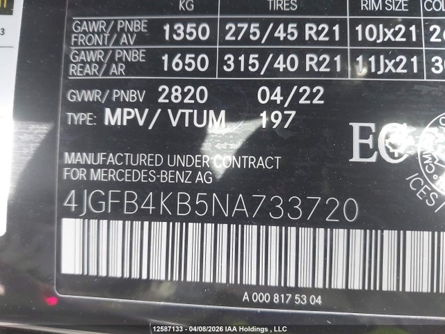 4JGFB4KB5NA733720 Mercedes-Benz Gle 350 4matic