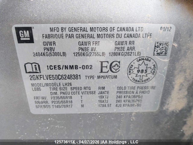 Aukcja sprzedaży 2012 Gmc Terrain Slt-1, vin: 2GKFLVE50C6248381, numer aukcji: 12573615