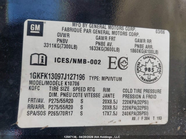 2007 Gmc Yukon მანქანა იყიდება აუქციონზე, vin: 1GKFK13097J127196, აუქციონის ნომერი: 12587136