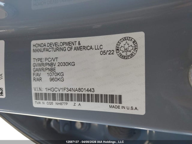 Продаж на аукціоні авто 2022 Honda Accord Sport 1.5t, vin: 1HGCV1F34NA801443, номер лоту: 12587137