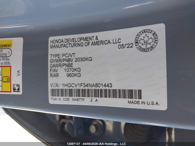 Продаж на аукціоні авто 2022 Honda Accord Sport 1.5t, vin: 1HGCV1F34NA801443, номер лоту: 12587137