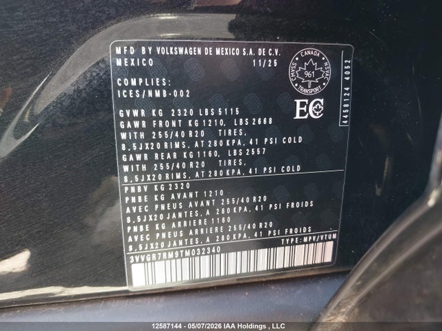 12587144 :رقم المزاد ، 3VVGR7RM9TM032340 vin ، 2026 Volkswagen Tiguan Se R-line Black مزاد بيع