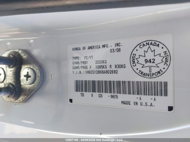 Aukcja sprzedaży 2008 Honda Accord Exl, vin: 1HGCS128X8A802692, numer aukcji: 12587145