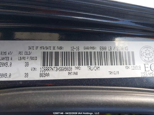 12587146 :رقم المزاد ، 1C6RR7NT3HS609020 vin ، 2017 Ram 1500 Laramie مزاد بيع