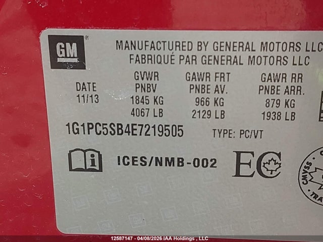 12587147 :رقم المزاد ، 1G1PC5SB4E7219505 vin ، 2014 Chevrolet Cruze Lt مزاد بيع