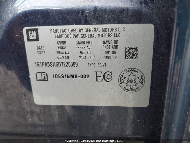 Продажа на аукционе авто 2011 Chevrolet Cruze Ls, vin: 1G1PA5SH6B7220399, номер лота: 12587148