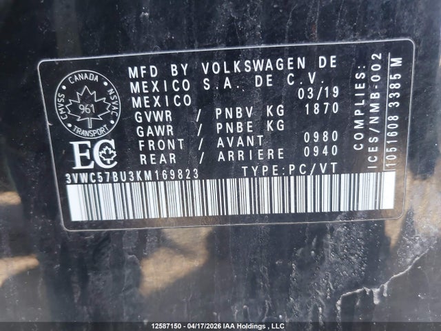 3VWC57BU3KM169823 Volkswagen Jetta 1.4 Tsi Comfortline