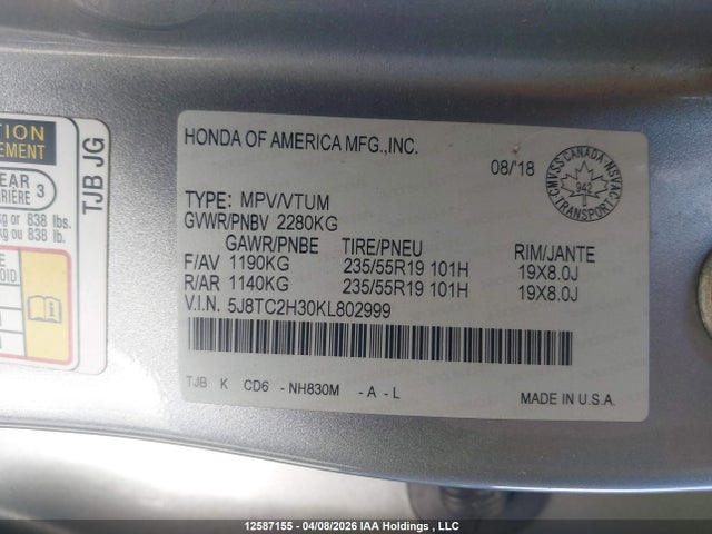 Aukcja sprzedaży 2019 Acura Rdx Tech, vin: 5J8TC2H30KL802999, numer aukcji: 12587155
