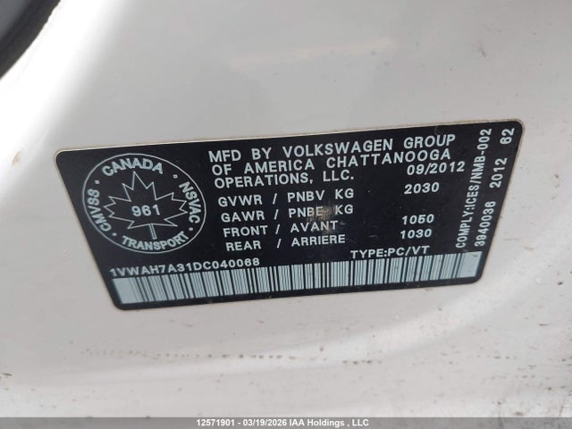 12571901 :رقم المزاد ، 1VWAH7A31DC040068 vin ، 2013 Volkswagen Passat 2.5l Trendline مزاد بيع