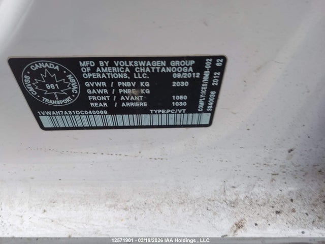 12571901 :رقم المزاد ، 1VWAH7A31DC040068 vin ، 2013 Volkswagen Passat 2.5l Trendline مزاد بيع