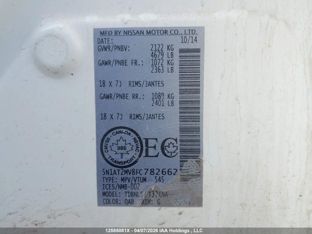 Aukcja sprzedaży 2015 Nissan Rogue S/sl/sv, vin: 5N1AT2MV8FC782662, numer aukcji: 12585081