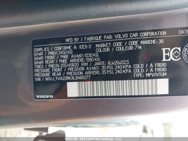 LYVA22RKXLB480277 Volvo Xc60 T6 Momentum