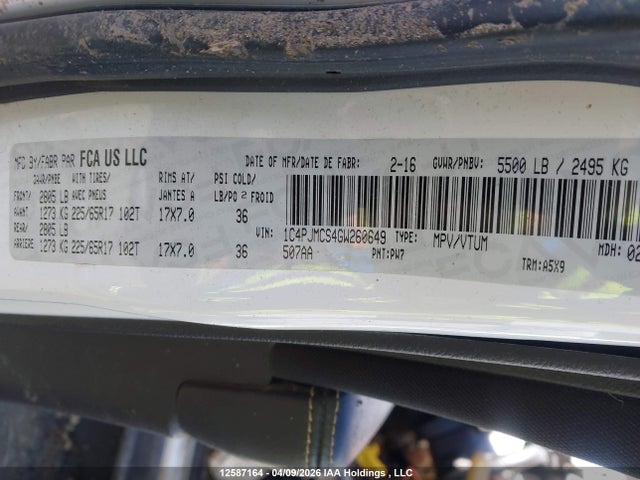 12587164 :رقم المزاد ، 1C4PJMCS4GW260649 vin ، 2016 Jeep Cherokee Latitude مزاد بيع