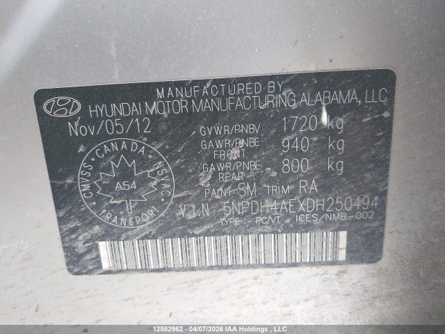 12582962 :رقم المزاد ، 5NPDH4AEXDH250494 vin ، 2013 Hyundai Elantra Gl مزاد بيع