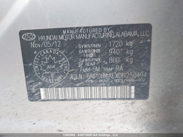 12582962 :رقم المزاد ، 5NPDH4AEXDH250494 vin ، 2013 Hyundai Elantra Gl مزاد بيع