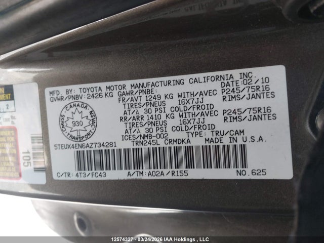 Aukcja sprzedaży 2010 Toyota Tacoma, vin: 5TEUX4EN6AZ734281, numer aukcji: 12574327