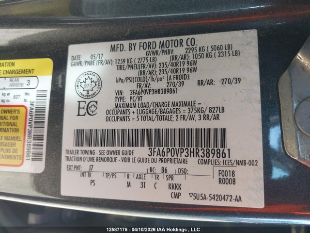 3FA6P0VP3HR389861 Ford Fusion Sport