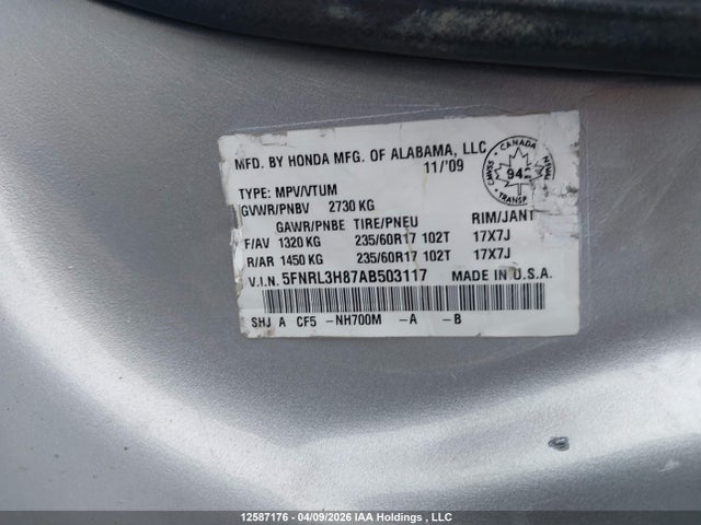 Aukcja sprzedaży 2010 Honda Odyssey Touring, vin: 5FNRL3H87AB503117, numer aukcji: 12587176