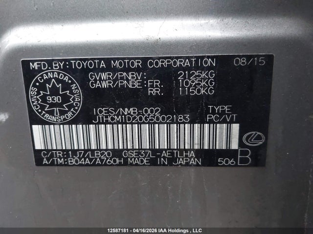 Aukcja sprzedaży 2016 Lexus Is 300 300, vin: JTHCM1D20G5002183, numer aukcji: 12587181
