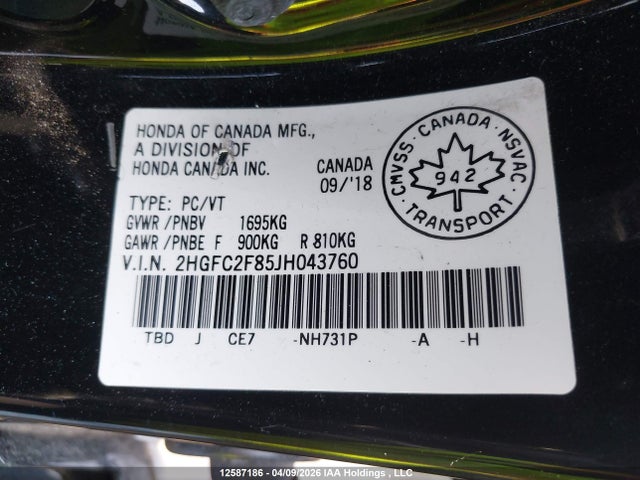 2HGFC2F85JH043760 Honda CIVIC EX