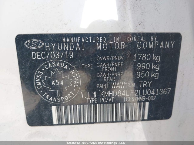 12586112 :رقم المزاد ، KMHD84LF2LU041367 vin ، 2020 Hyundai Elantra Preferred Auto Ivt مزاد بيع