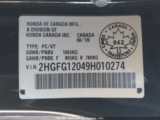 Aukcja sprzedaży 2009 Honda Civic Ex-l, vin: 2HGFG12049H010274, numer aukcji: 12587200