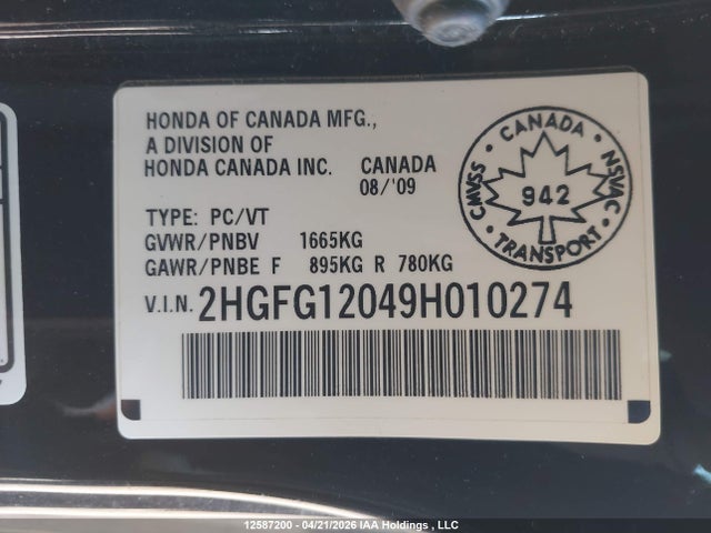 Aukcja sprzedaży 2009 Honda Civic Ex-l, vin: 2HGFG12049H010274, numer aukcji: 12587200