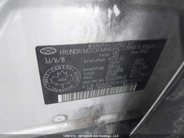 Продаж на аукціоні авто 2019 Hyundai Santa Fe, vin: 5NMS3CAA0KH013522, номер лоту: 12587212
