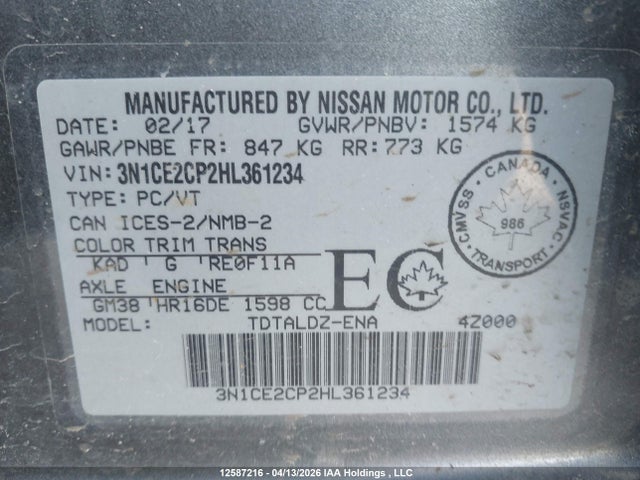 12587216 :رقم المزاد ، 3N1CE2CP2HL361234 vin ، 2017 Nissan Versa Note S/s Plus/sv/sl/sr مزاد بيع