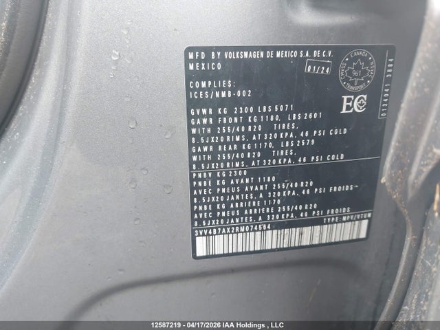 12587219 :رقم المزاد ، 3VV4B7AX2RM074564 vin ، 2024 Volkswagen Tiguan Sel R-line Black مزاد بيع