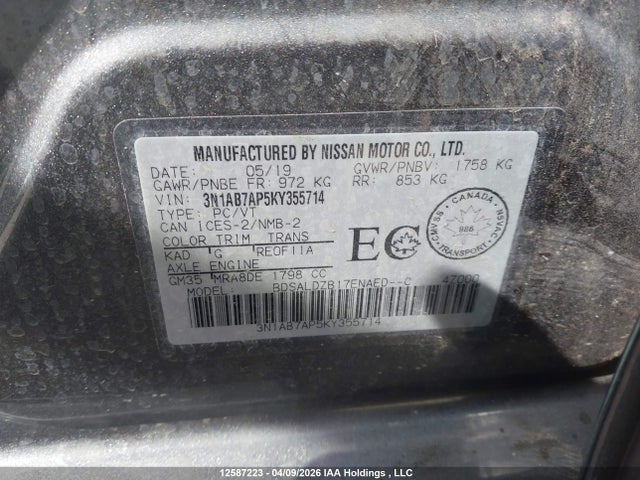 3N1AB7AP5KY355714 Nissan Sentra 1.8 S/1.8 Sv