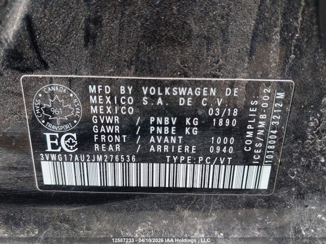 3VWG17AU2JM276536 Volkswagen GOLF S/SE