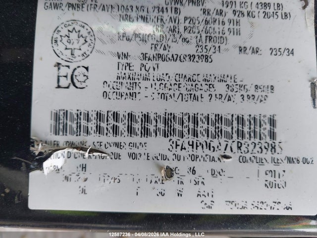 12587236 :رقم المزاد ، 3FAHP0GA7CR323985 vin ، 2012 Ford Fusion S مزاد بيع